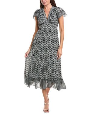Max Studio V-Neck Ruffle Sleeve & Hem Midi Dress - Gray