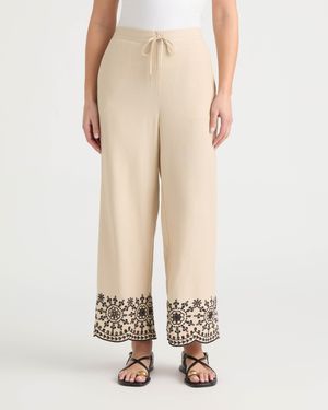 Ellen Tracy Pull-On Cropped Pant With Embroidered Hem - Natural