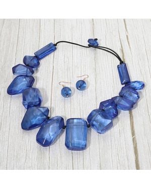 Fashnzfab Bold Geometric Resin Pebble Link Statement Necklace - Blue
