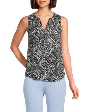 Tahari Top Leaf Printed Sleeveless Split Neck Fts1155 - Gray