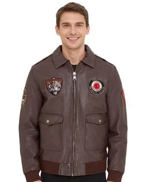 Infinity Leather Flying Leather Bomber G-1 Aviator Collar Jacket - Brown
