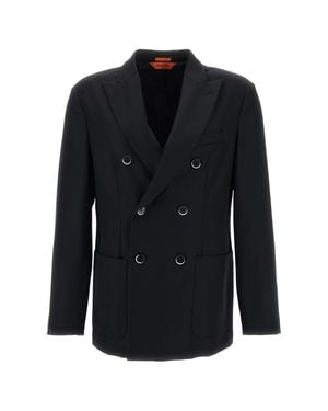 Barena Doria Stretch Wool Flannel Notch Lapels Blazer - Black