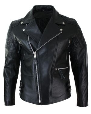 TruClothing Cross Zip Cowhide Padded Biker Jacket - Black
