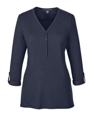Devon & Jones Perfect Fit Y-Placket Convertible Sleeve Knit Top - Blue