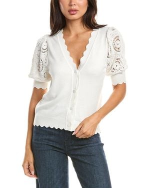 Tahari Elbow Crochet Scallop Edge Top - White