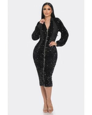 TRUEDAMES Midi 2 Way Zip Up Sequin Contrast Dress - Black