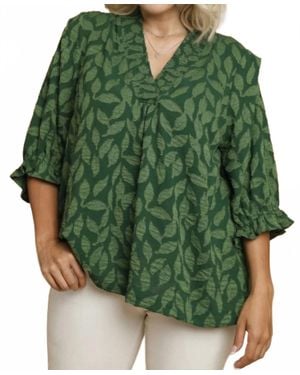 Umgee Floral Jacquard V-Neck Top - Green