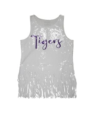 Capri Designs Sequin Clemson Fringe Tank Top - Gray