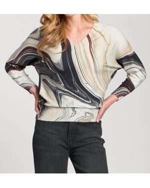 Apny Sunset Marble Printed V-Neck Pullover Top - Gray