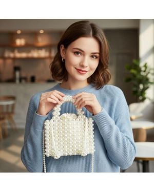 Fashnzfab Chic Pearl Detail Top Handle Mini Bag - Blue