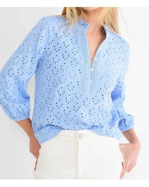 NIC+ZOE Knit Eyelet Ruffle Neck Top - Blue