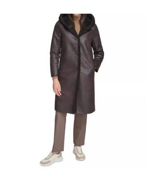 Calvin Klein Hooded Faux Shearling Trim Coat - Gray