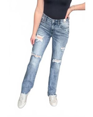 Judy Blue Sandra Destroyed Mid Rise Straight Leg Jeans - Blue
