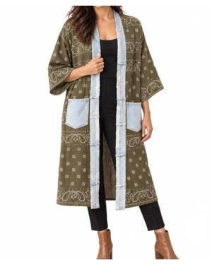 Shannon Passero Upcycled Denim Bandana Print Cardigan Kimono - Green