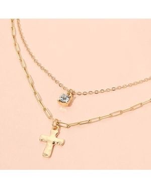 Fashnzfab Rhinestone Hammered Metal Cross Charrm Double Layered Paperclip Chain Necklace - Natural