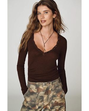Pilcro Linen Wool Henley Sweater - Brown