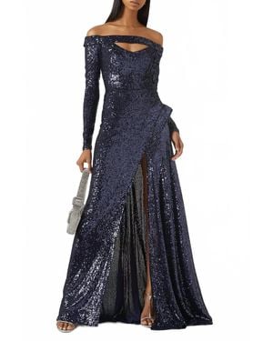 Nicole Bakti Off-Shoulder Long Sleeve Gown - Blue