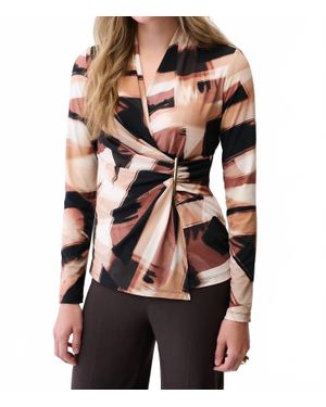 Joseph Ribkoff Abstract Print Faux Wrap Top - Brown