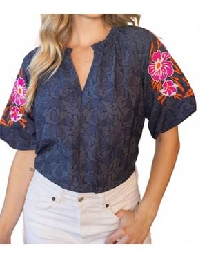 Voya Embroidered Raglan Sleeve Floral Textured Top - Blue