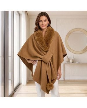 TRUEDAMES Faux Fur Collar Pom Pom Trim Wrap Cape Coat Poncho - Brown