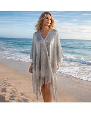 TRUEDAMES Lightweight Metallic Fringe Flowing Kimono Cover Up - Blue