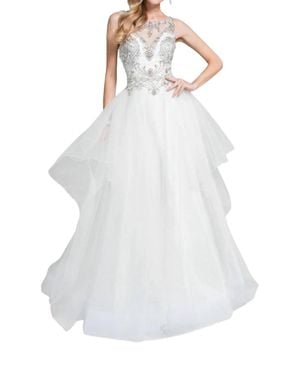 Terani Beaded Sheer Illusion Prom Dress - White
