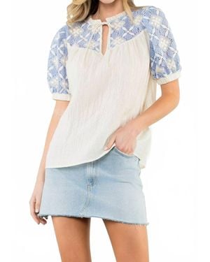 Thml Embroidered Yoke Puff Sleeve Crinkle Top - White