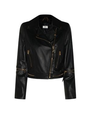 Elisabetta Franchi Cropped Leather Jacket With Asymmetrical Closure And-Tone Hardware - Black
