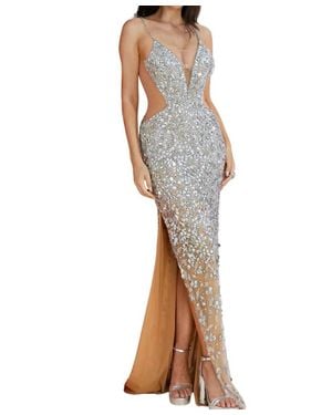 Terani Sleeveless Plunging Neckline Bodycon Tulle Long Prom Dress - Brown