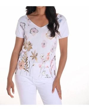 FRANK LYMAN Fleur Floral Knit Short Sleeve V-Neck Top - White