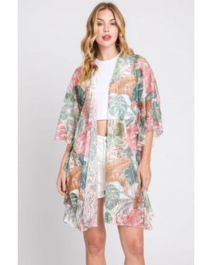 TRUEDAMES Ruffle Lined Tropical Leaves Print Open Frontcover - Pink