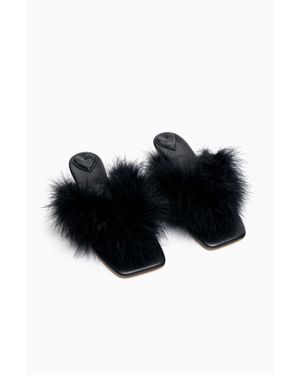 Sleeper Pom Kitten Heel Mules With Feathers - Black