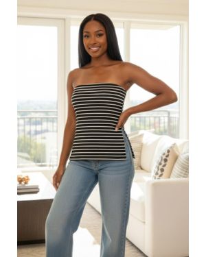 TRUEDAMES Strapless Striped Ribbed Side Slit Tube Top - Blue