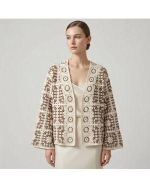 TRUEDAMES Boho Granny Square Crochet Patchwork Open Front Cardigan - Brown