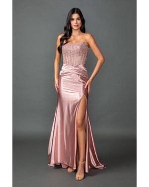 DQ Strapless Embellished Corset Bodice Satin Prom Dress With Draped Waist And High Slit - Gray