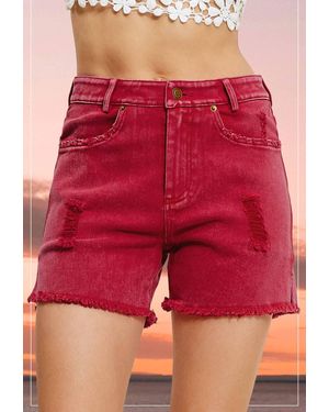 Le Miel High Rise Basic Mineral Washed Denim Shorts - Red
