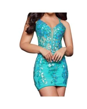Jovani V-Neck Cocktail Dress - Blue