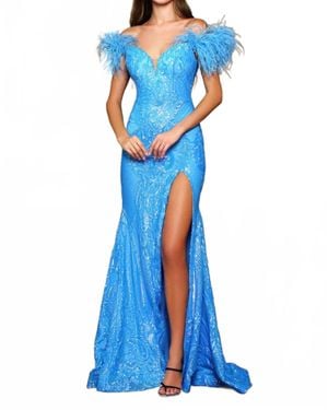 Ava Presley Sequin Gown With Feather Details - Blue