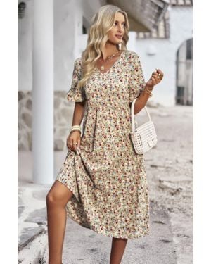 TRUEDAMES Boho Floral Ruffle Hem V Neck Short Sleeve Dress - Brown