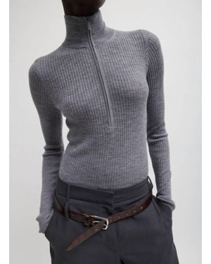 Tibi Feather Weight Ribbed Tneck Zip Up Sweater - Gray