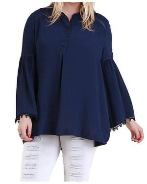 Umgee Popover Trumpet Sleeve Blouse - Blue
