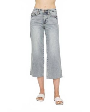Judy Blue Tummy Control Raw Hem Crop Wide Jeans - Gray