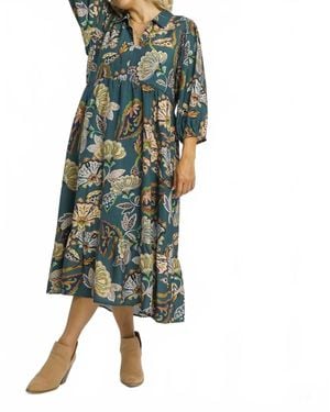 Umgee Boho Paisley Tiered Midi Dress - Green