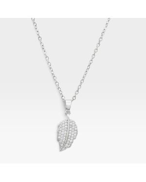 Fashnzfab Stainless Steel Cz Pave Leaf Pendant Necklace - Metallic