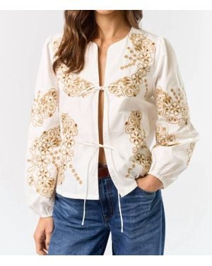 Lalavon Floral Embroidered Front Tie Top - Natural