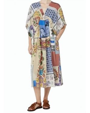 Weekend Patchwork Floral V Neck Dress - Blue