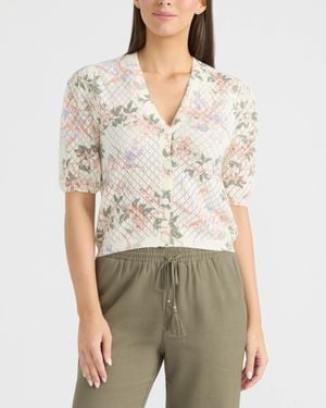Ellen Tracy Printed Flutter Sleeve Pointelle Sweater - Natural