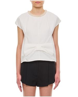 Junya Watanabe Textured Blouse With Pearl Jewel Neckline And Cape Sleeves - White