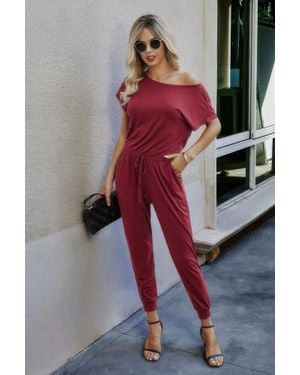 TRUEDAMES Solid Slant Shoulder Short Sleeve Jumpsuit - Red