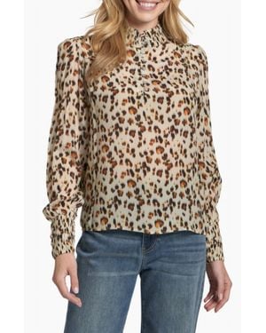 Apny Cheetah Print Ruched Collar Top - Blue
